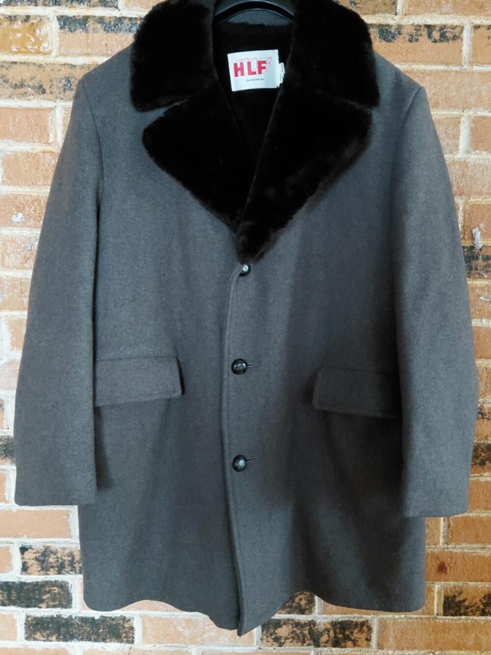 Vintage HLF Outerwear Gray Wool Jacket with Faux Fur Collar
